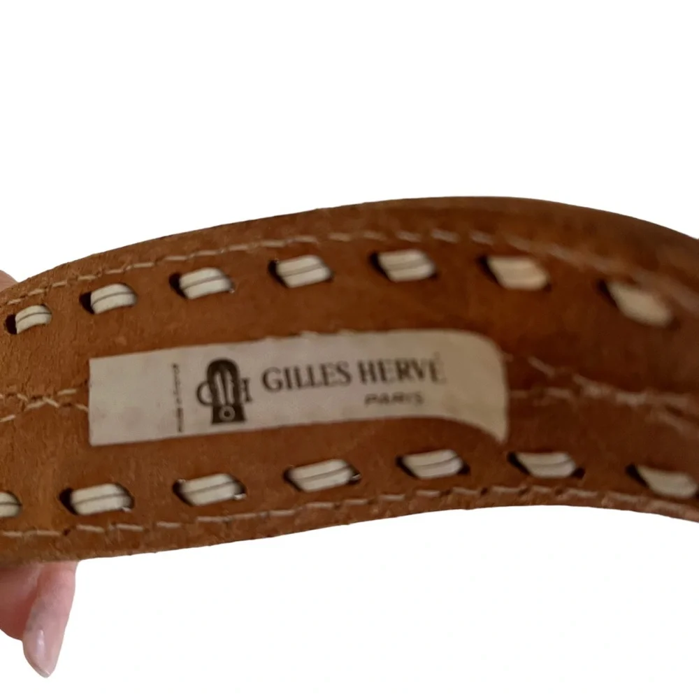 Gilles Herve Paris Brown Leather Belt with Cream Lacing and Detailed Buckle